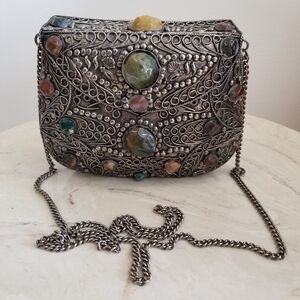 Vintage Sajai Metal Purse with Natural Agate Stones – Filigree Minaudière